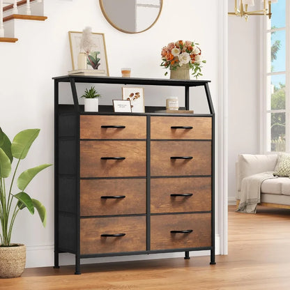 4 Dresser Drawer with 3-Tiers Wood Shelf, Dresser for Bedroom, Chest of Drawers, Sturdy Steel Frame, Easy Pull Fabric Bins