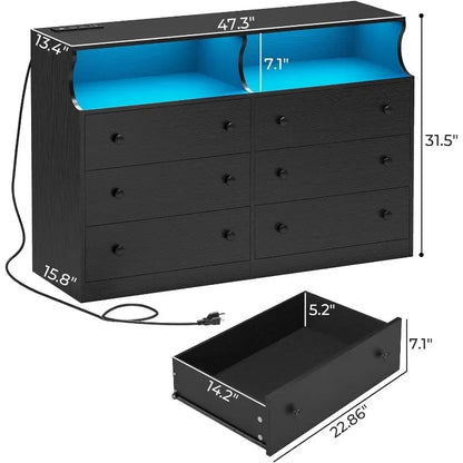 6 Drawer Dresser with LED Lights and Charging Station, Wide Chest of 6 Drawers with Open Space, Large Capacity Storage Cabinet