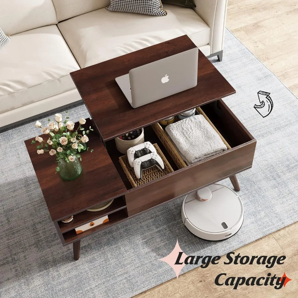 WLIVE Lift Top Coffee Table for Living Room,Small Coffee Table with Storage,Hidden Compartment and Adjustable Shelf,Mid Century