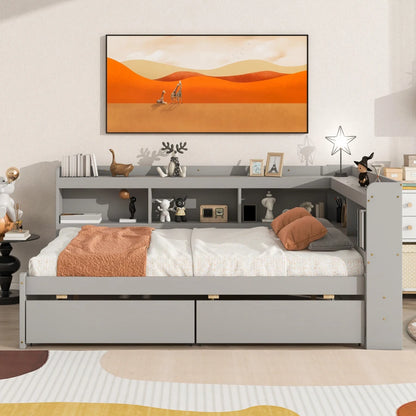 Full Bed with L-shaped Bookcases, Drawers, Storage Drawers, Stylistic Elements, Easy Assembly, Gray, White