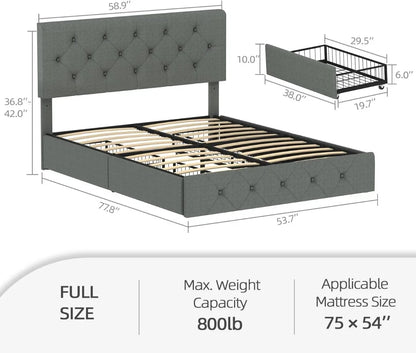 Wancla Queen Size Bed Frame Platform with 4 Storage Drawers No Need for A Box Spring, Wood Slat Support in Dark Grey