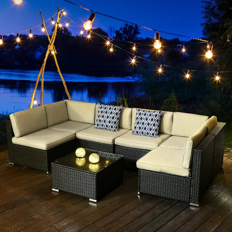 7 Pieces Patio Furniture Set, Outdoor Sectional Sofa PE Rattan Wicker Conversation Set Outside Couch  Backyard, Black