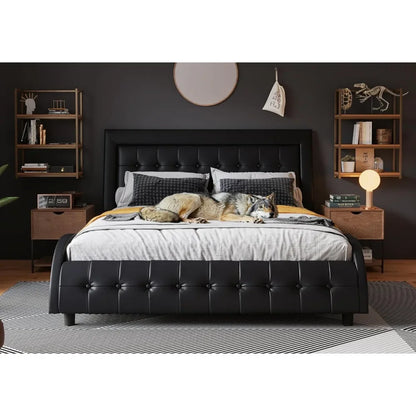 Platform bed frame, full-size box tufted, faux leather upholstered bed, black with adjustable headboard, wooden slatted support