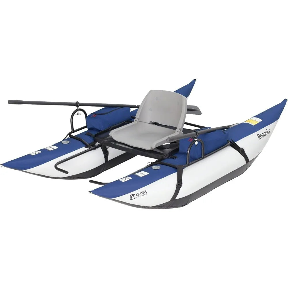 Compact blue and white pontoon boat, ideal for solo fishing. Features stability, ease of maneuverability, and a comfortable seat.”