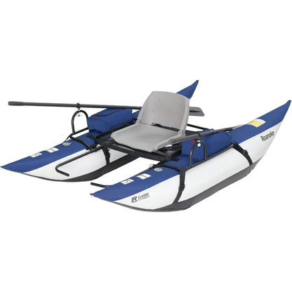 Compact blue and white pontoon boat, ideal for solo fishing. Features stability, ease of maneuverability, and a comfortable seat.”