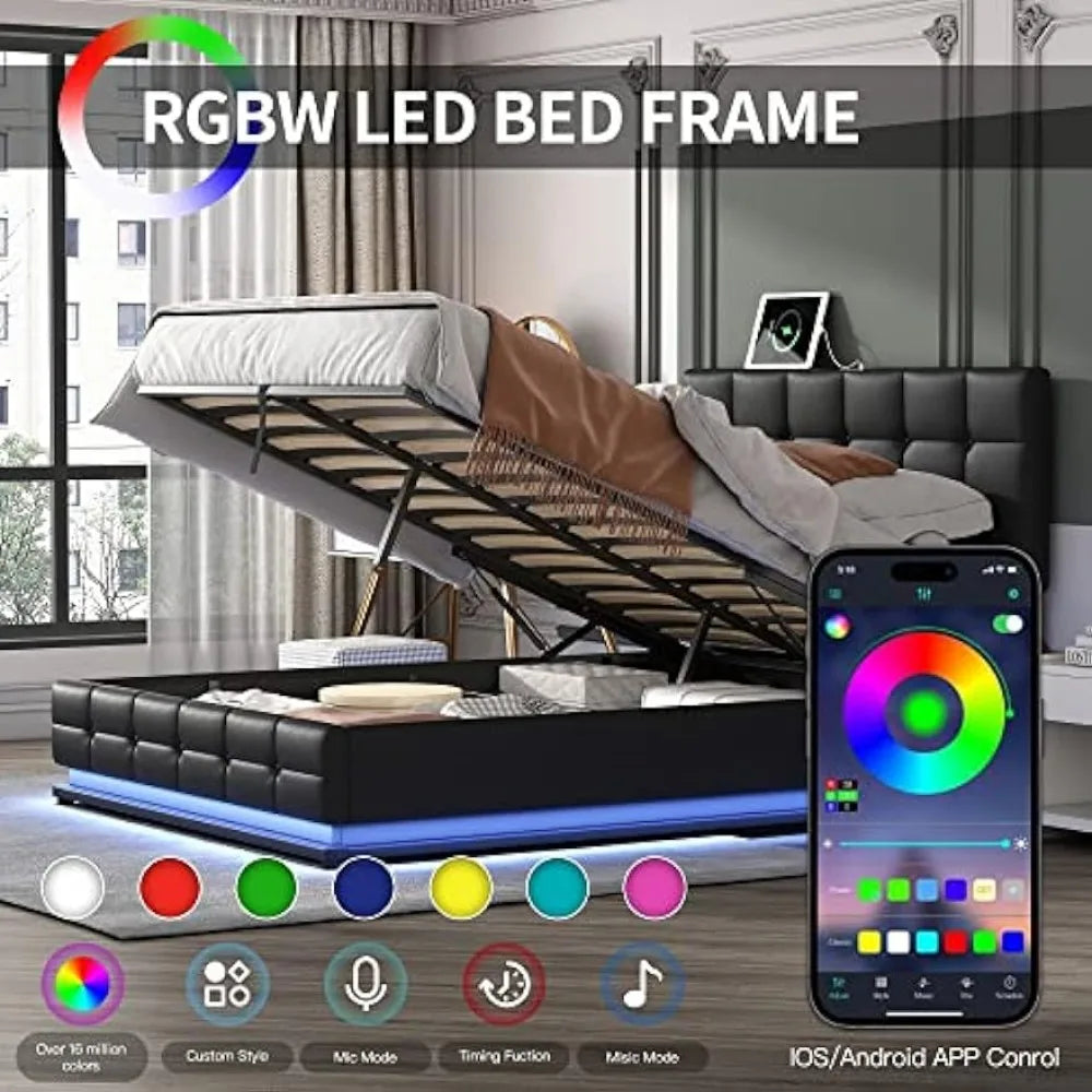 Designs Modern Queen Bed with 2 Nightstands, Black, Platform Bed, LED Lights, Lift-up Storage, USB Charging Station