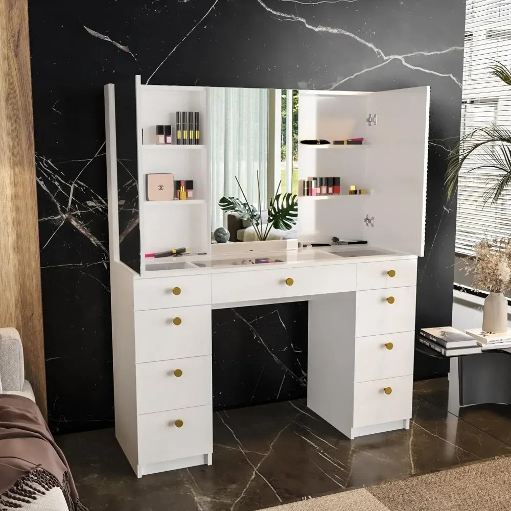 Lily White Makeup Vanity Desk with Mirror Cabinets, Glass Top, 9 Drawers, and Golden Knobs - Modern Vanity Makeup Desk