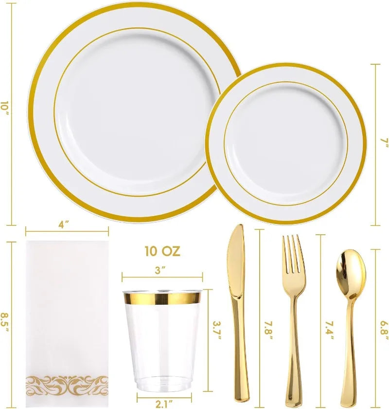 700 Count Gold Dinnerware Set-200 Plastic Plates- 300 Gold Plastic Silverware-100 Gold Plastic Cups-100 Disposable Hand Towel