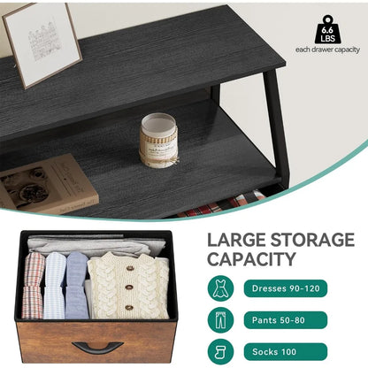 4 Dresser Drawer with 3-Tiers Wood Shelf, Dresser for Bedroom, Chest of Drawers, Sturdy Steel Frame, Easy Pull Fabric Bins