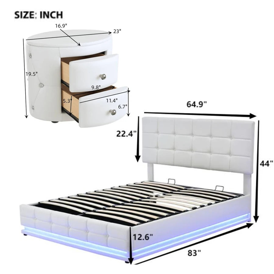 3-Pieces Bedroom Sets,Queen Size Upholstered Bed with LED Lights,Hydraulic Storage System and USB Charging Station, Two Nightsta