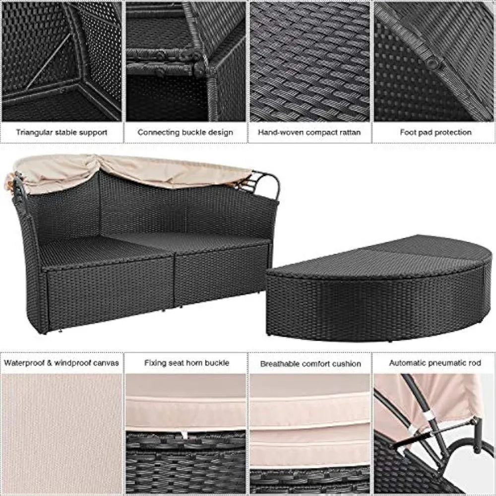 “Stylish patio daybed with retractable canopy. Durable wicker rattan, flexible seating. Ideal for outdoor comfort.