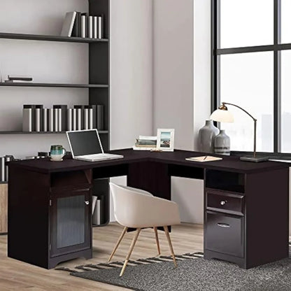 L-shaped table, home office corner computer desk with storage cabinet, dark brown