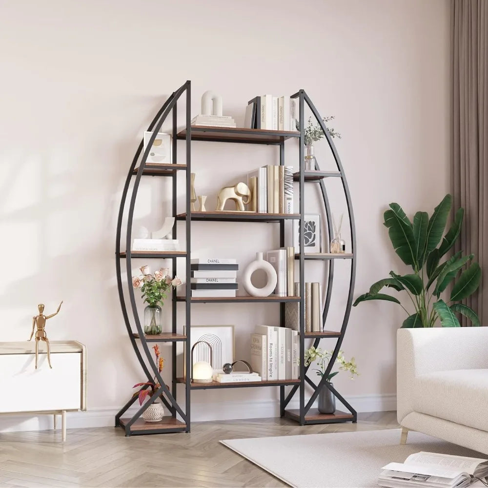 Oval Bookshelf 5 Tier Industrial Bookcases, Free Standing Tall Bookshelves Storage for Books, Farmhouse Wood and Metal Display