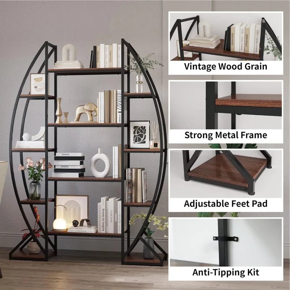 Oval Bookshelf 5 Tier Industrial Bookcases, Free Standing Tall Bookshelves Storage for Books, Farmhouse Wood and Metal Display