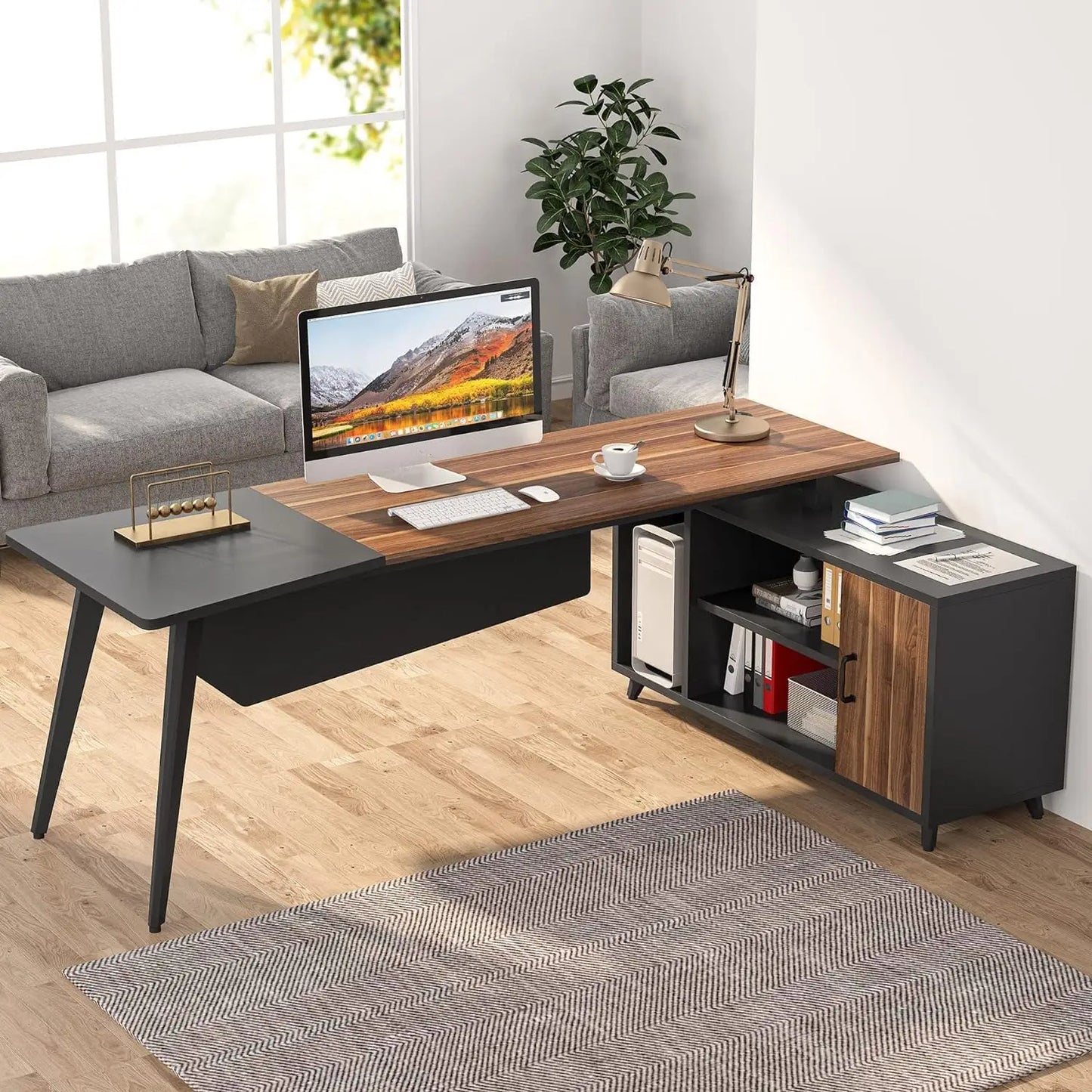 L-Shaped Computer Desk with File Cabinet, Industrial Business Furniture Desk Workstation for Home Office