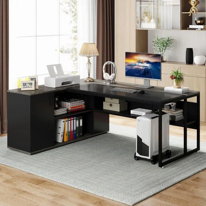 Executive Desk, L Shaped Desk with Cabinet Storage, Executive Office Desk with Shelves（Grey/Brown）optional