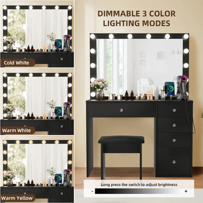 SMOOL Makeup Vanity Desk with Lighted Mirror & Power Outlet 5 Drawers, Table 3 Lighting , Black Set for Bedroom 39.4''