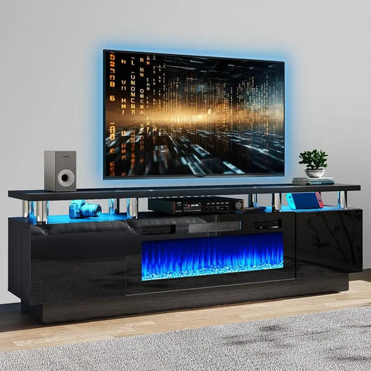 LED Light Entertainment Center,2 Tier TV Console Stand for TVs Up to 80",Fireplace for The Living Room TV Stand,Black