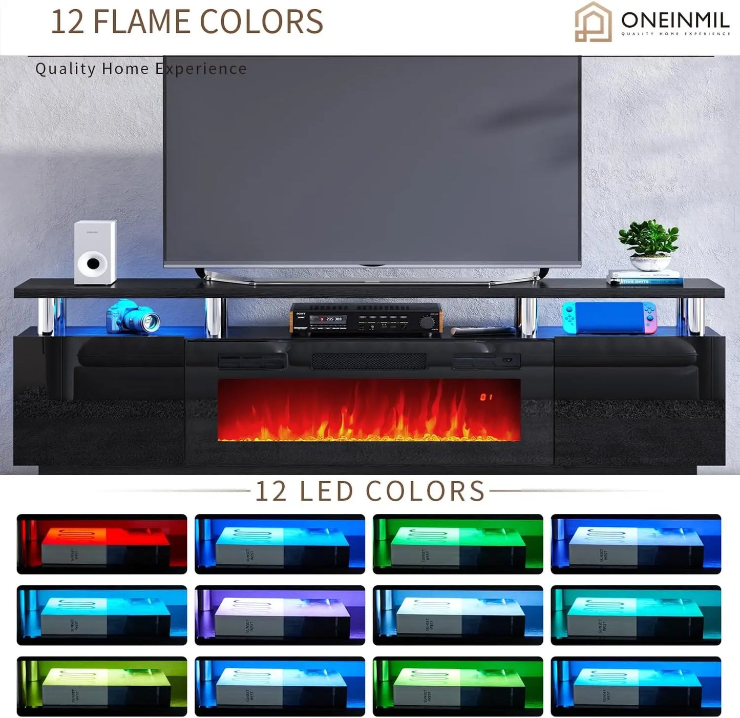 LED Light Entertainment Center,2 Tier TV Console Stand for TVs Up to 80",Fireplace for The Living Room TV Stand,Black