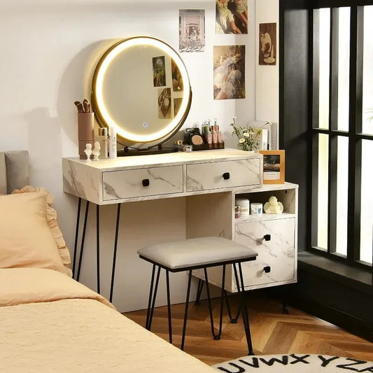 Vanity Set with 3 Colors Lighted Mirror, Left or Right Side Cabinet, 2 Large Drawers, Lipstick Storage Box,Bedroom Makeup Vanity