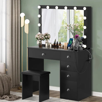 SMOOL Makeup Vanity Desk with Lighted Mirror & Power Outlet 5 Drawers, Table 3 Lighting , Black Set for Bedroom 39.4''