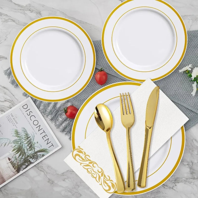 700 Count Gold Dinnerware Set-200 Plastic Plates- 300 Gold Plastic Silverware-100 Gold Plastic Cups-100 Disposable Hand Towel