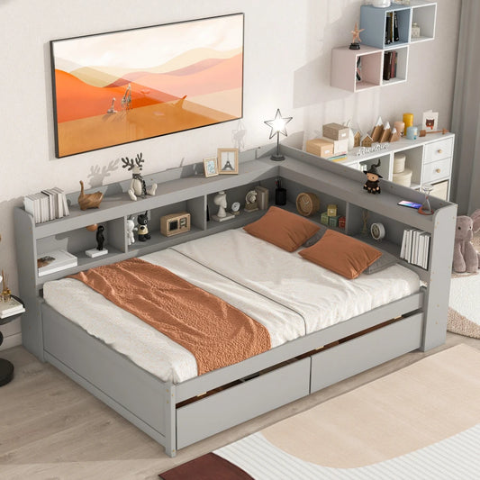 Full Bed with L-shaped Bookcases, Drawers, Storage Drawers, Stylistic Elements, Easy Assembly, Gray, White