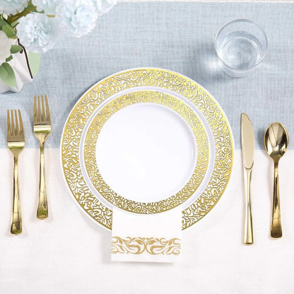 350pcs Gold Disposable Dinnerware Set  Dinner Plates, Dessert Plates, Cups, Napkins, Silverware Set