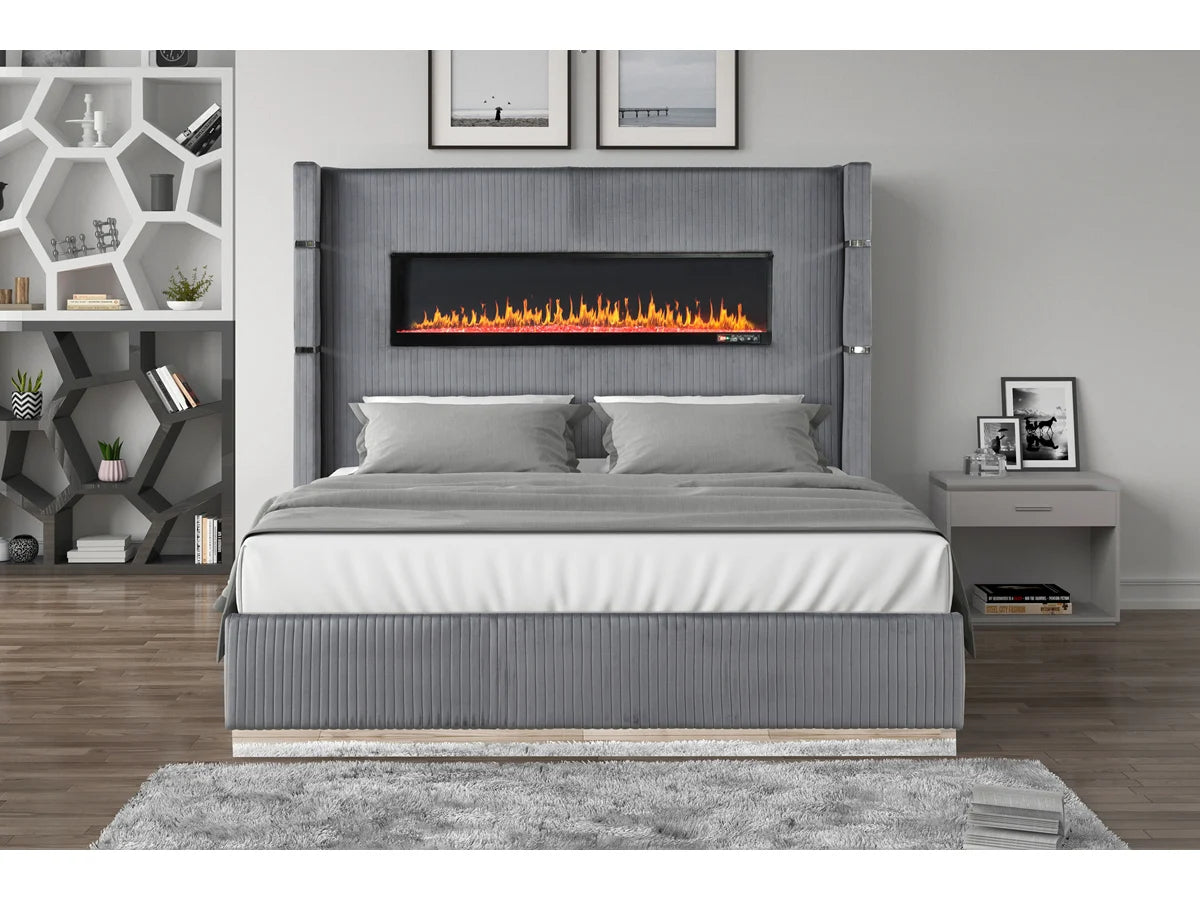 Upholstery Wooden King Bed with Ambient lighting in Gray Velvet