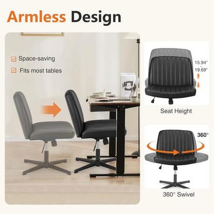 Office chair, armless work chair, wheelless cross legged computer chair, rotatable leather home office desk and chair