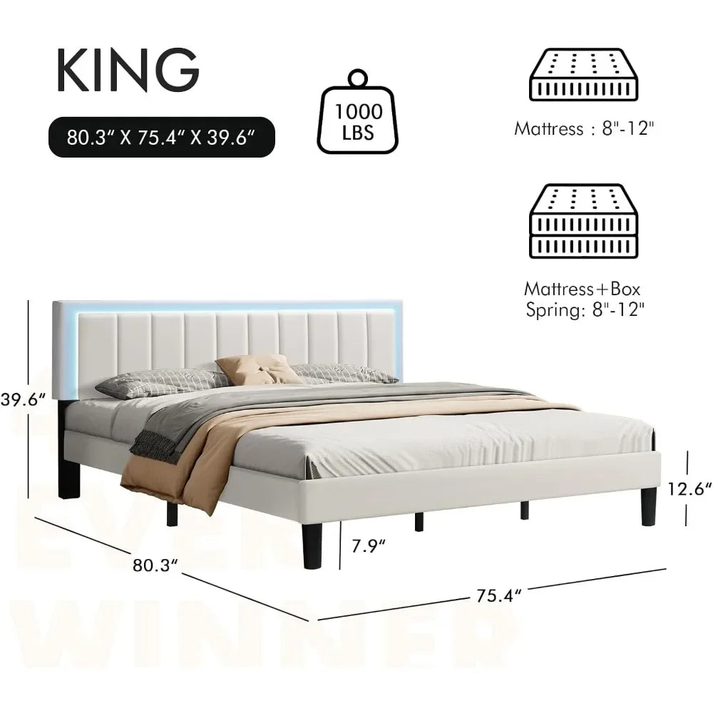 King Size Bed Frame,Upholstered Faux Leather Bed,With Adjustable Headboard and Footboard,Heavy-duty Wood Slat Supports