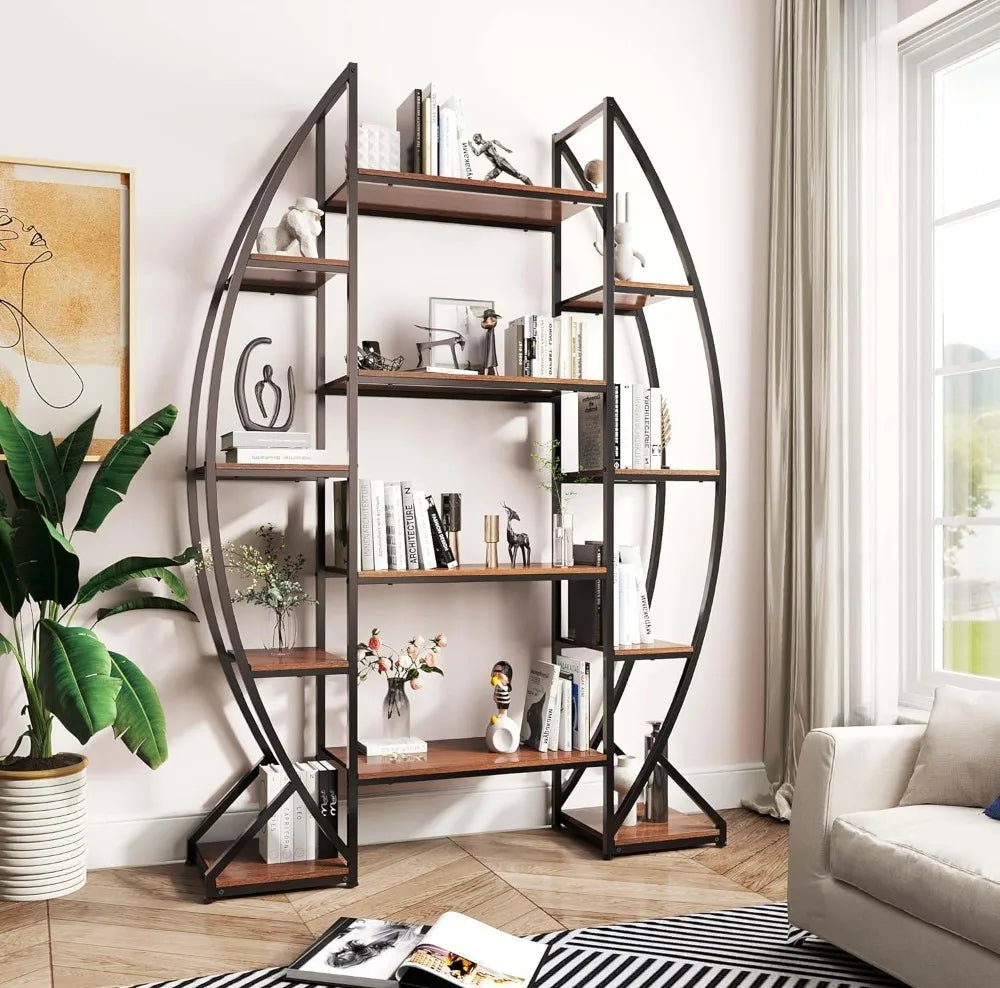 Oval Bookshelf 5 Tier Industrial Bookcases, Free Standing Tall Bookshelves Storage for Books, Farmhouse Wood and Metal Display