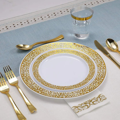 350pcs Gold Disposable Dinnerware Set  Dinner Plates, Dessert Plates, Cups, Napkins, Silverware Set