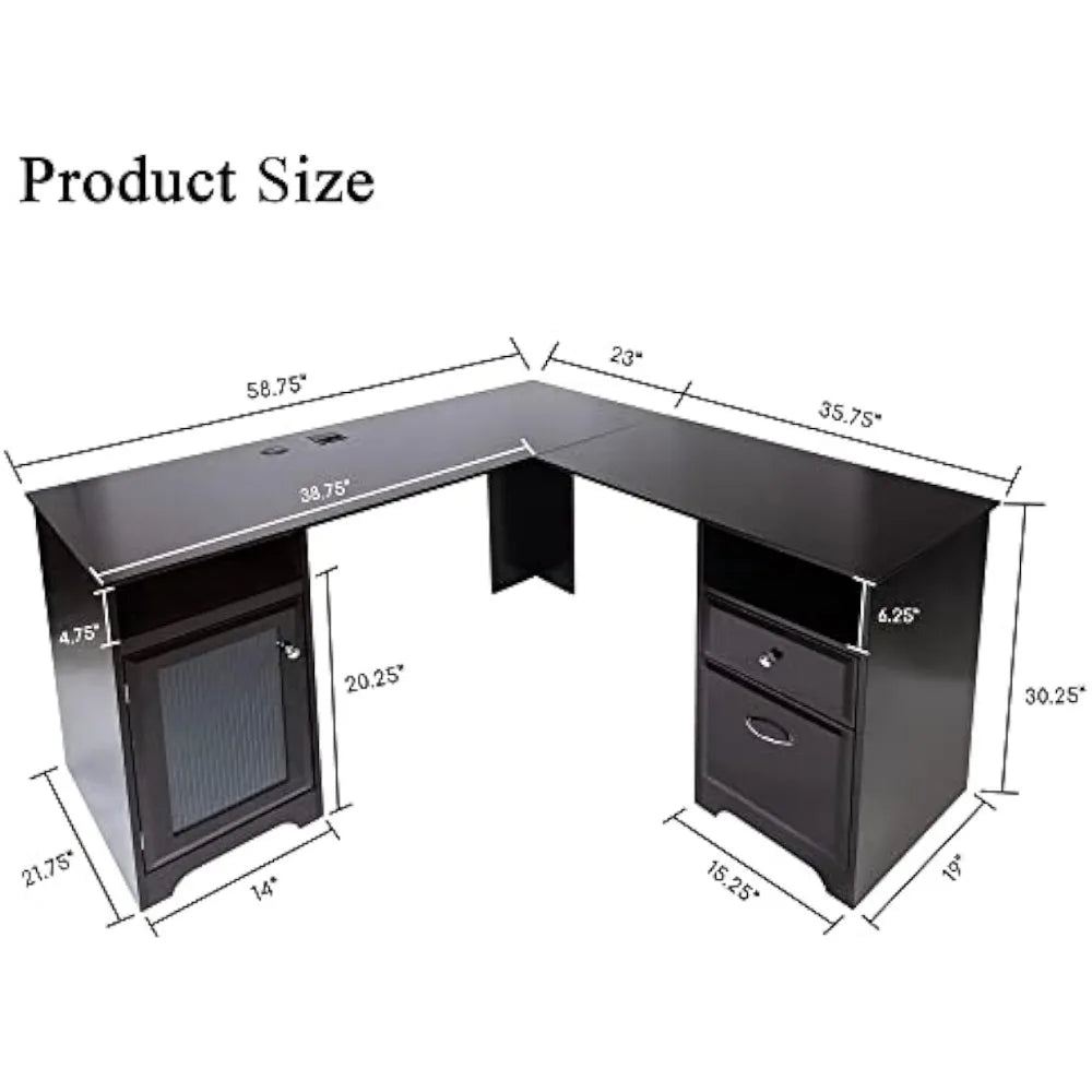 L-shaped table, home office corner computer desk with storage cabinet, dark brown