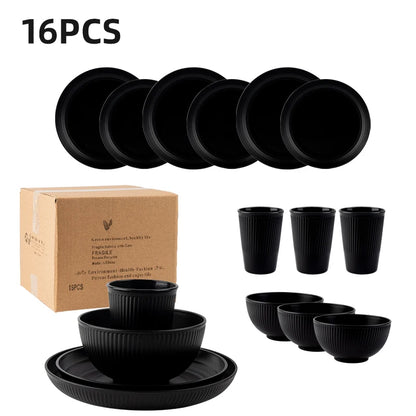 16Pcs Black ECO-FRIENDLY Bowl Cup Plate Household Eating Vertical Pattern Dinner Plate Dining Bowl Water Cup Tableware Set