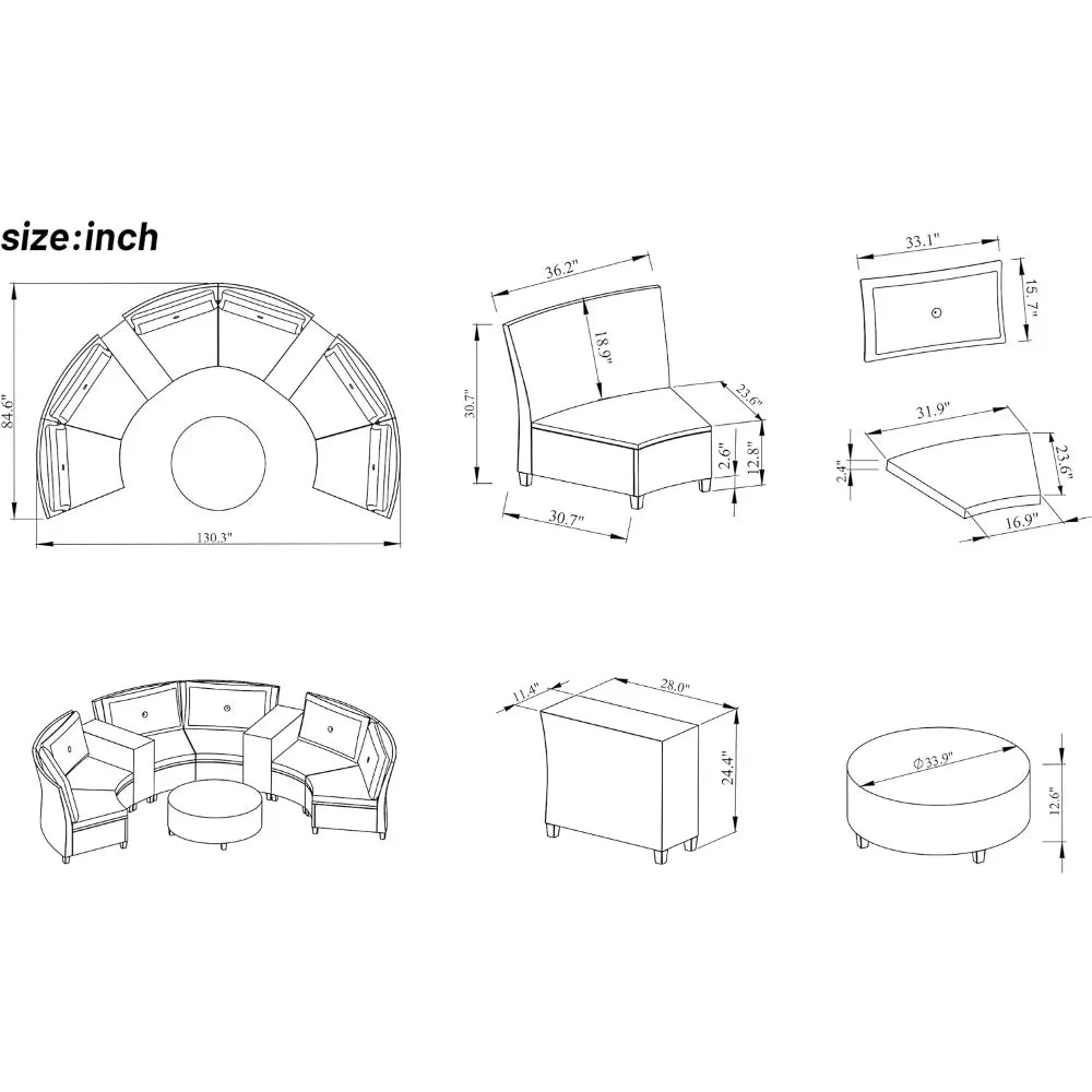 Outdoor 9 Pieces Patio Furniture Half Moon Wicker Sofa Sets, Fan-Shaped Curved Sectional Couch with Table and Cushions,Rattan