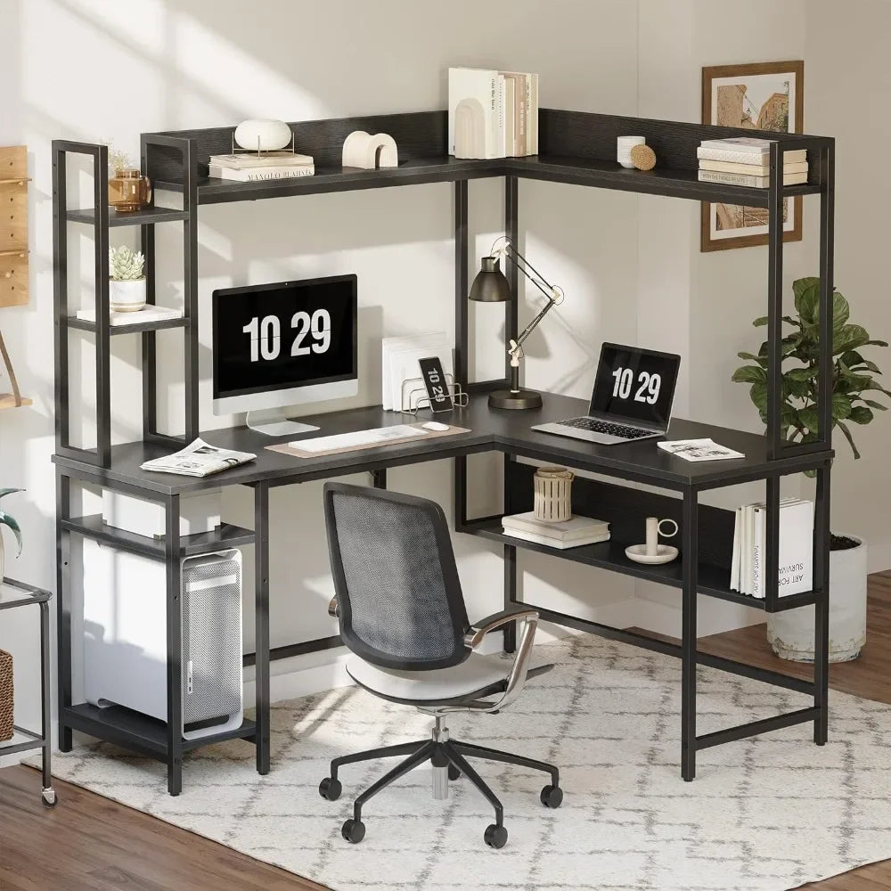 Computer desk, L-shaped gaming desk, 60 inch corner office desk, large home computer desk with bookshelf and storage rack