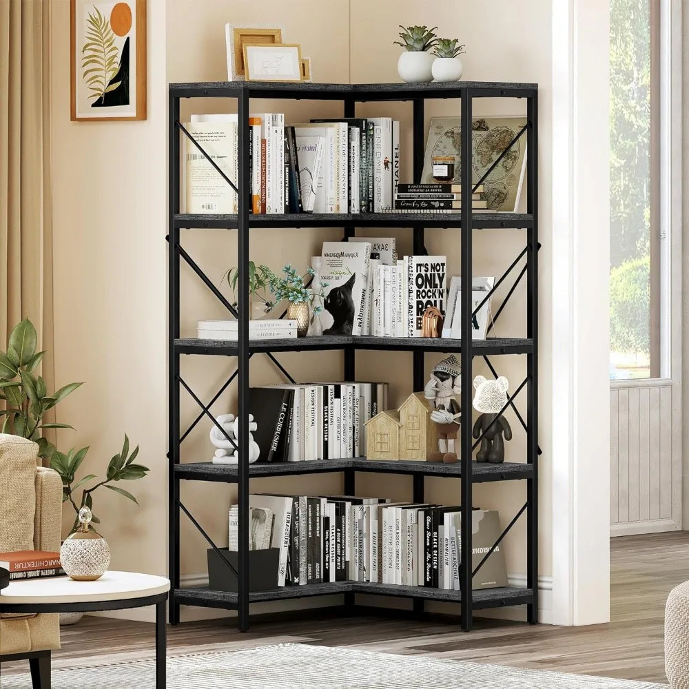 Industrial Corner Shelf 5 Tier Bookcase Display Cabinet Charcoal Gray + Black Home Office Living Room Side Table Desk Organizer