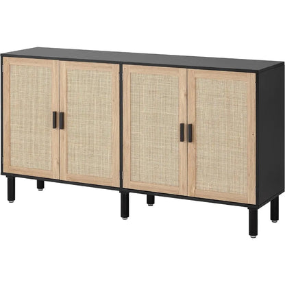 4 Door Sideboard Buffet Cabinet Kitchen Storage Cabinet with Rattan Decorated Console Table Boho Accent Liquor Cabinet