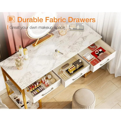 Vanity Desk with Fabric Drawers & Storage Shelves, Makeup Dressing Table, Home Office Desks for Bedroom, Modern Writing Desk