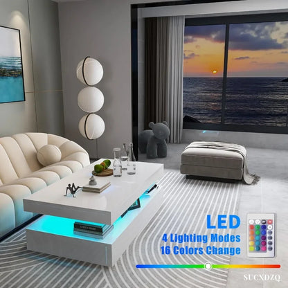 High Gloss Modern Coffee Table With RGB LED Light White Rectangular Coffee Table for Living Room With Remote Control Tables Wood