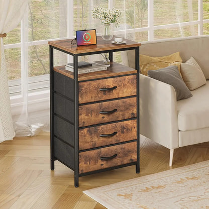 Night Stand with Charging Station, 4 Drawer Dresser for Bedroom, Bedside Table, 33.5 Inch Tall Nightstand  Open Shelf