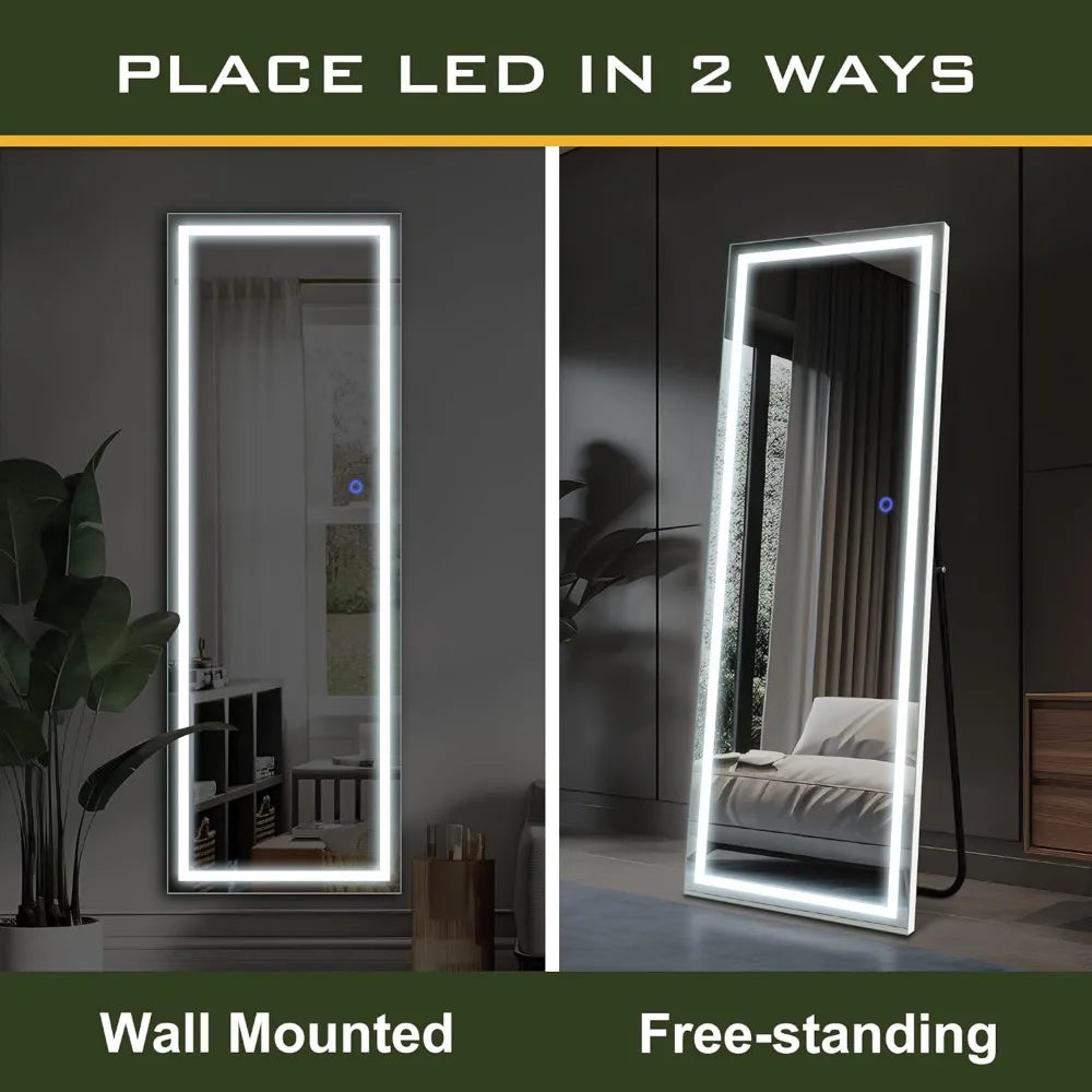 Full Body Mirror 63 X 16 Inch Full Length Mirror With LED Lights White With Stand Mirrors Floor Large Standing Living Room Home