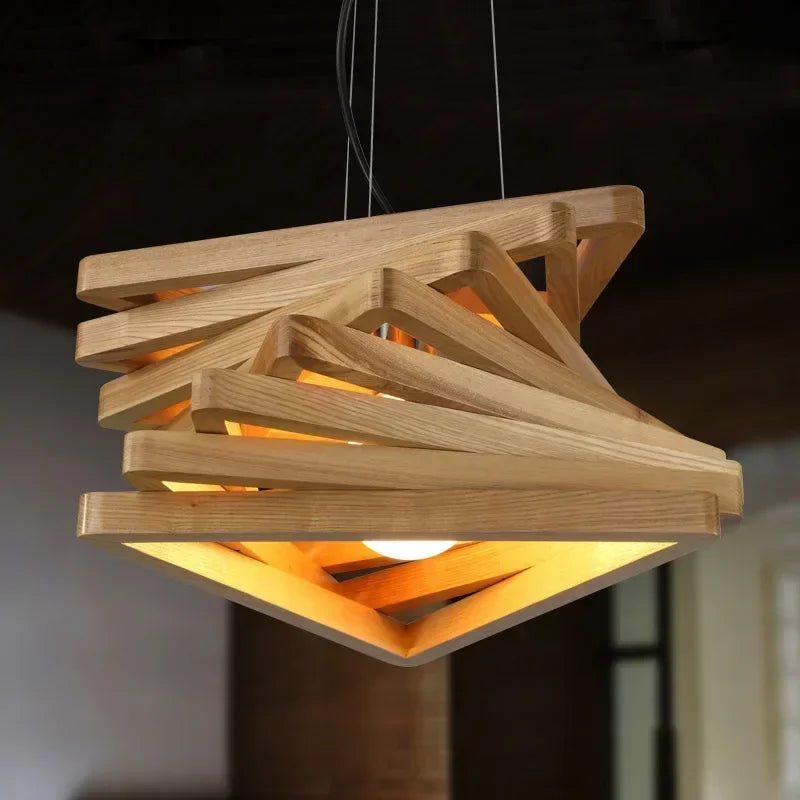 Modern Solid Wood Triangle Chandelier for Living Room Bar Restaurant House Decoration Lighting Led Indoor Hanging Lamp.