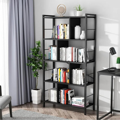 Bookshelf, 5 Tier Tall Industrial Bookcase Wood Metal Frame Standing Bookshelf,Display Bookshelves Storage Organizer for Bedroom