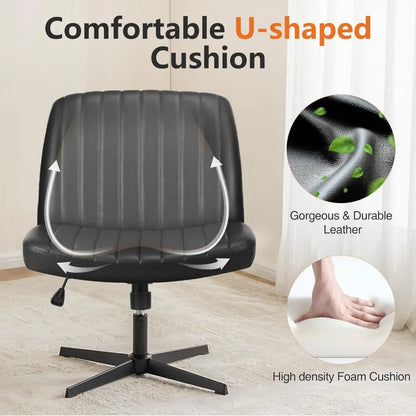 Office chair, armless work chair, wheelless cross legged computer chair, rotatable leather home office desk and chair