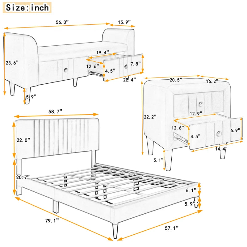 Gray 4-Pieces Bedroom Sets Full Size Upholstered Platform Bed w/ Two Nightstands and Storage Bench,for indoor bedroom furniture