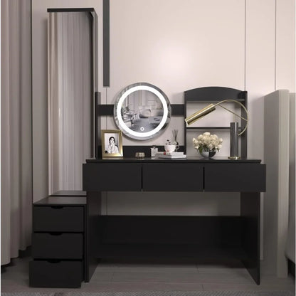 XVURO Vanity Desk with Mirror & Light, Four-Shelf Storage Mirror Cabinet & Six Large Drawers, 3 Lighting Modes Adjustable