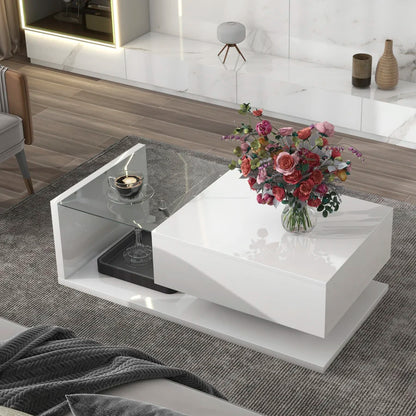 Modern Coffee Table with Tempered Glass, Wooden Cocktail Table with High-gloss UV Surface