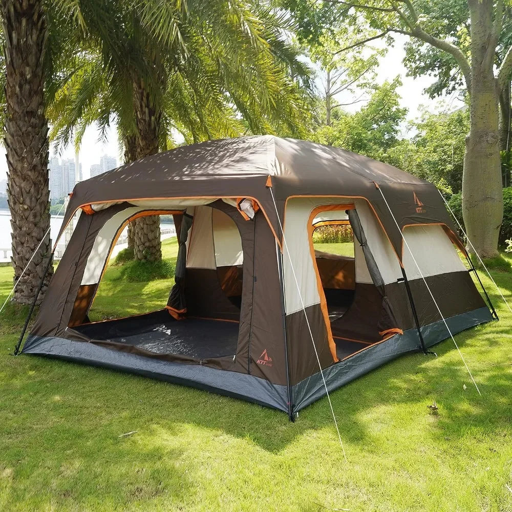 10-12 Person,Family Cabin Tents,2 Rooms,Straight Wall,3 Doors and 3 Windows with Mesh,Waterproof,Double,Big Tent  Freight free